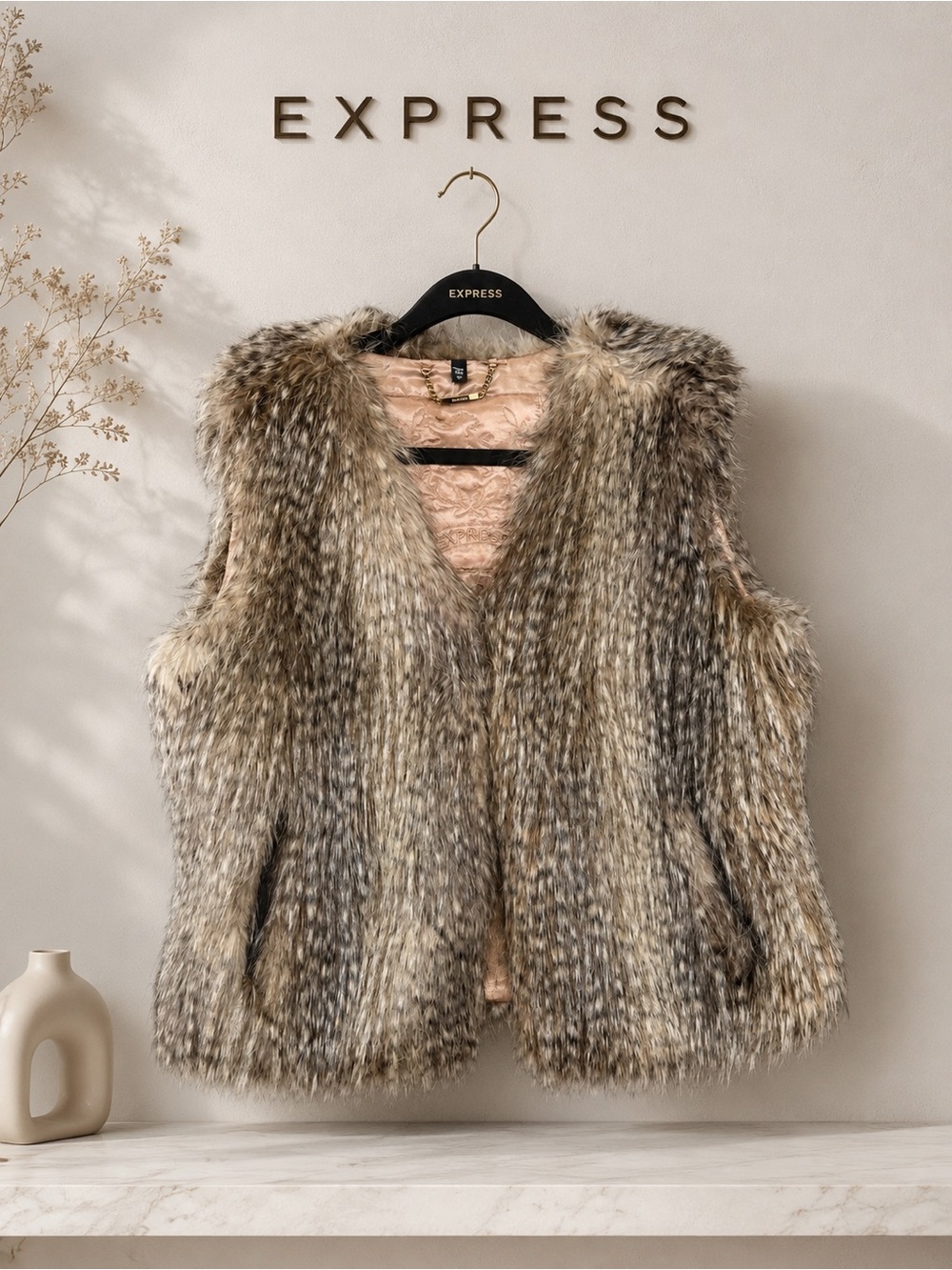 Express Neutral Faux Fur Vest in Mixed Taupe